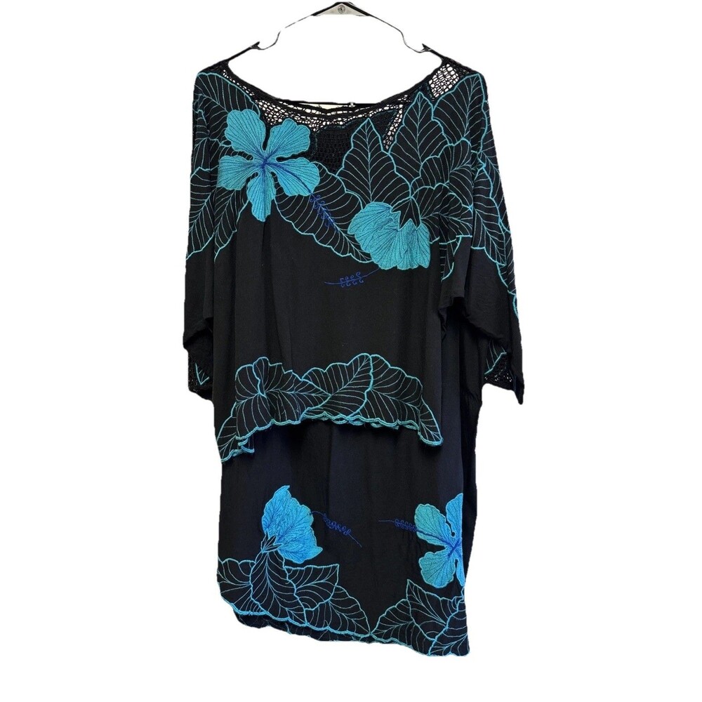 Shopping International Two Piece Skirt Set Tropical Embroidered Black Blue XL